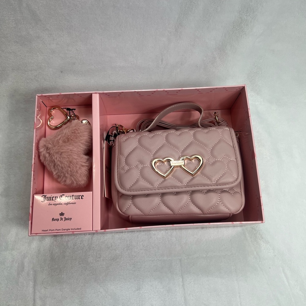 Juicy Couture  crossbody  bag Blush Heart pom pom  dangle included. Gift set .